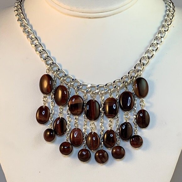 Silver Tone Curb Chain With Oval Tiger Eye Beads Choker Bib Necklace (NA96) - Picture 1 of 4